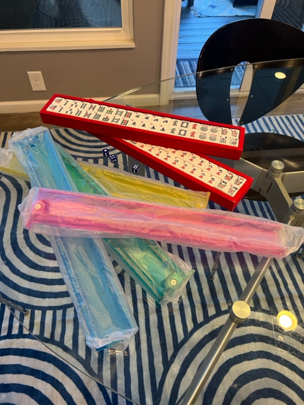 Colorful Mahjong Tile Racks, white tiles and tile holders. New!